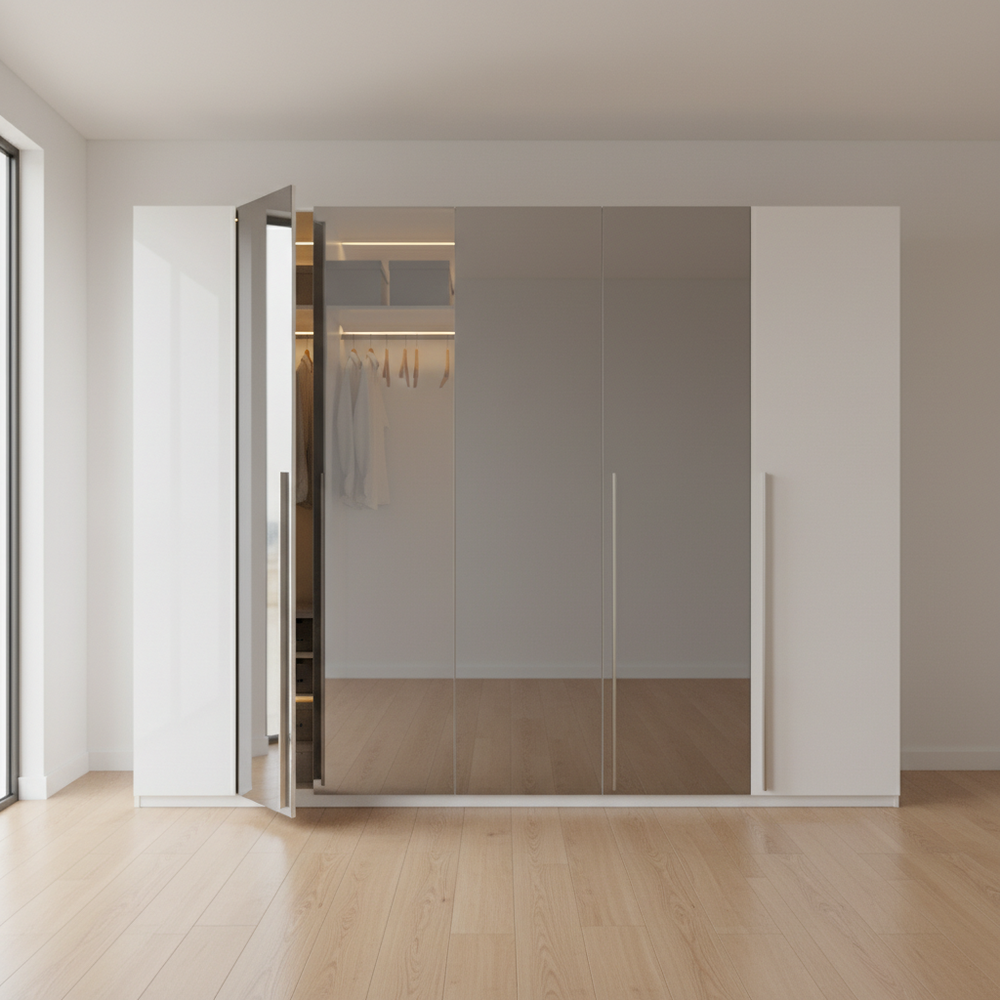 Modern White 5-Door Swing Wardrobe with Mirrored Accents