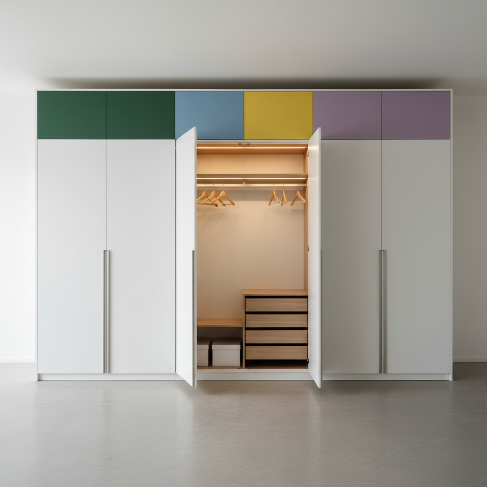 Modern White 5-Door Swing Wardrobe with Multicoloured Loft