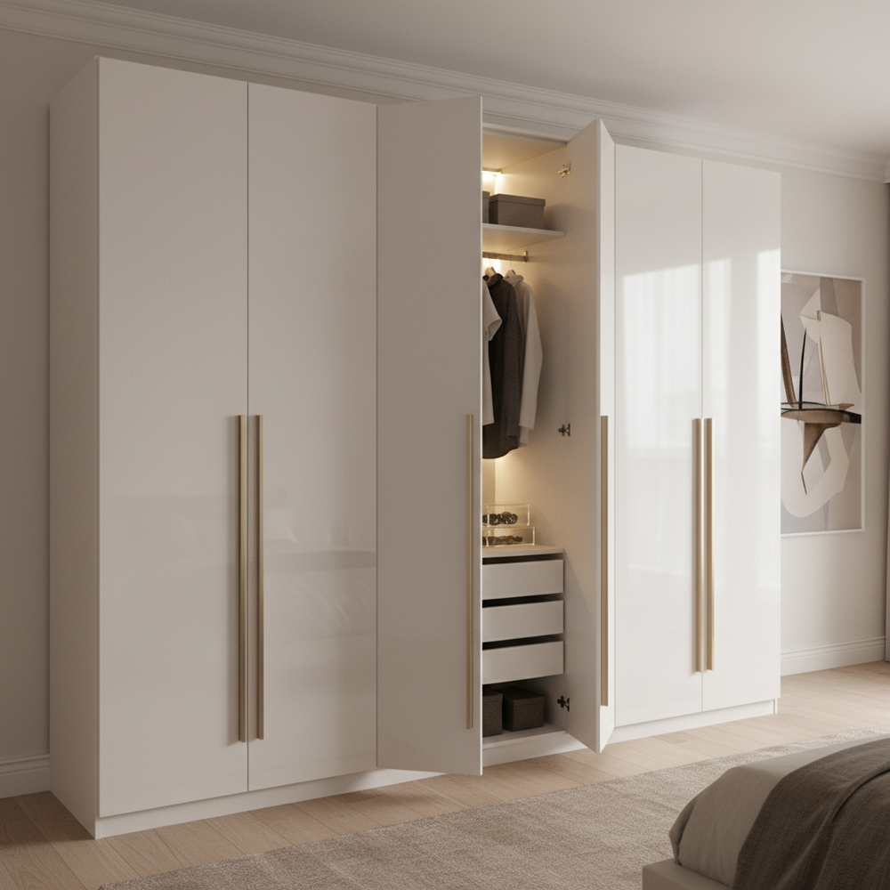 Modern White 6-Door Swing Wardrobe Design in High Gloss Finish
