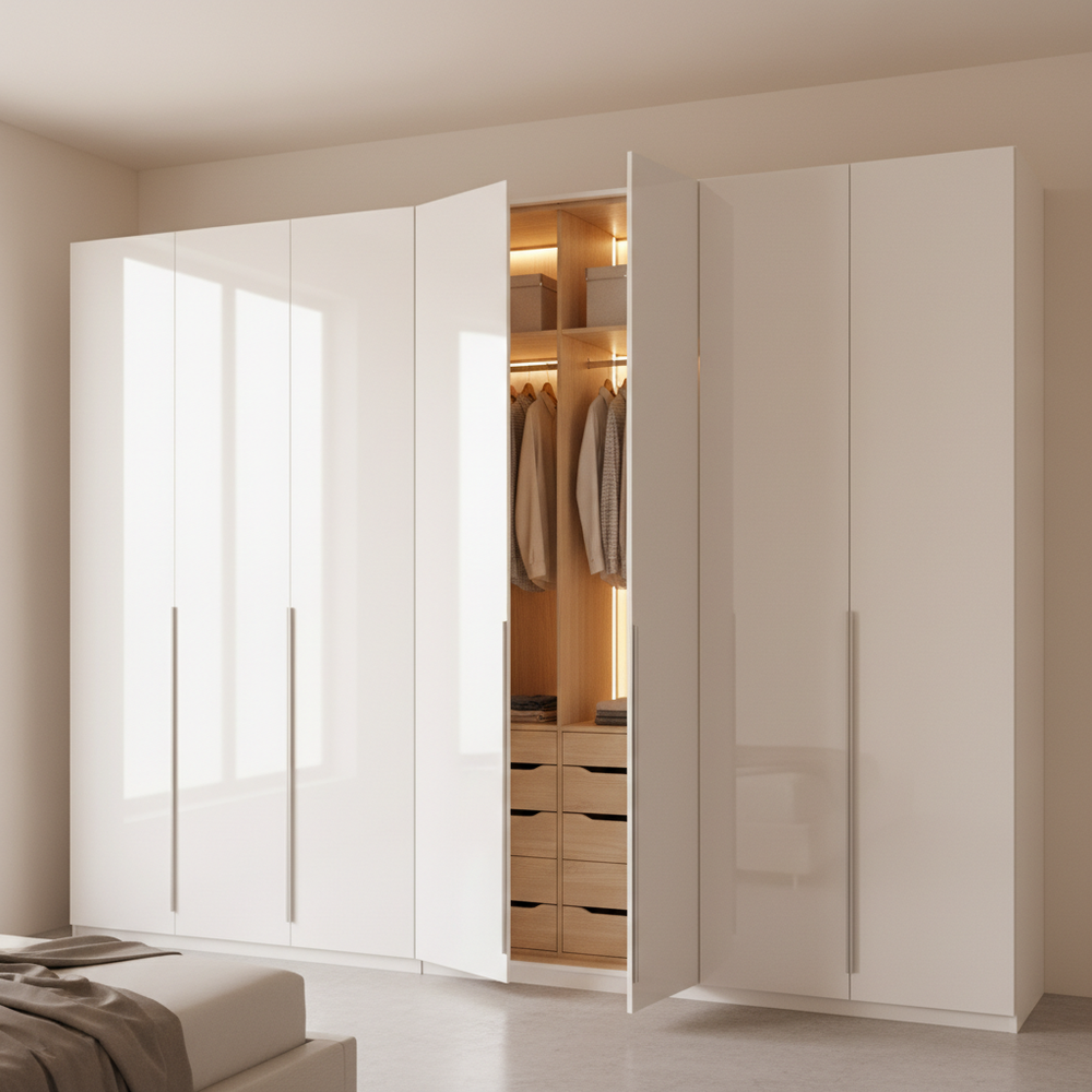 Modern White 7-Door Hinged Wardrobe Design
