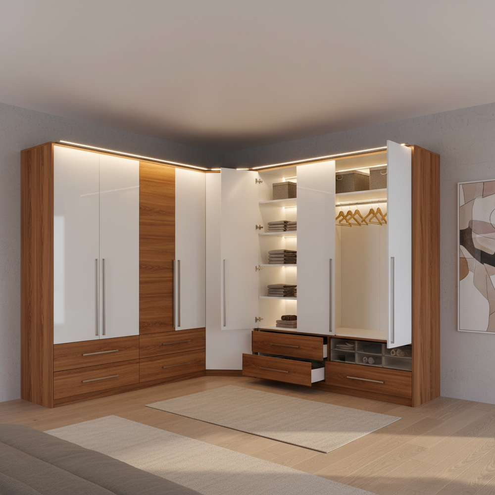 Modern White and Acacia L-Shape Swing Wardrobe Design