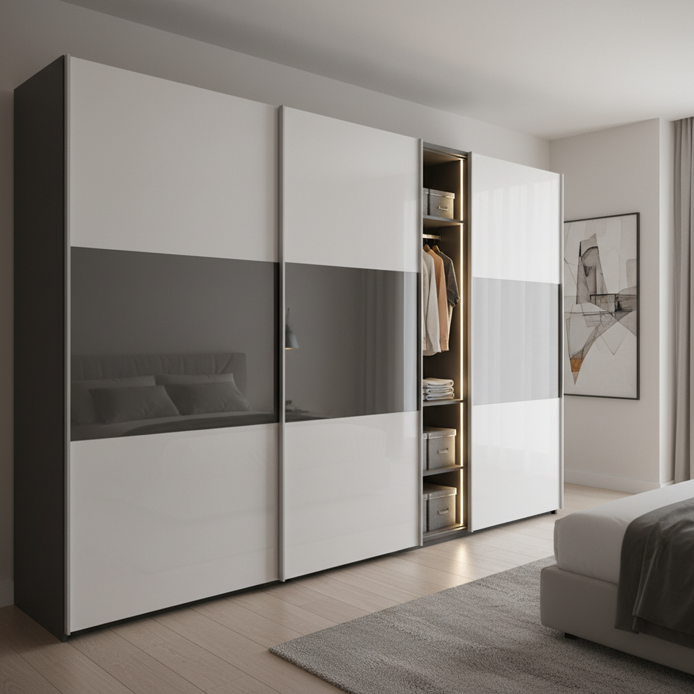 Modern White And Dark Grey Glossy 3-Door Sliding Door Wardrobe Design