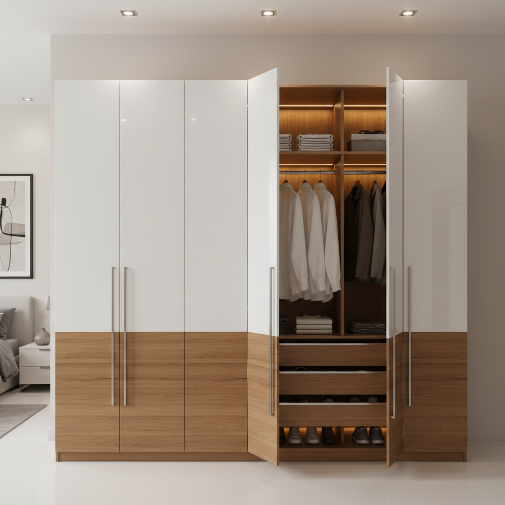Modern White and Teak 6-Door Swing Wardrobe Design with Glossy Finish