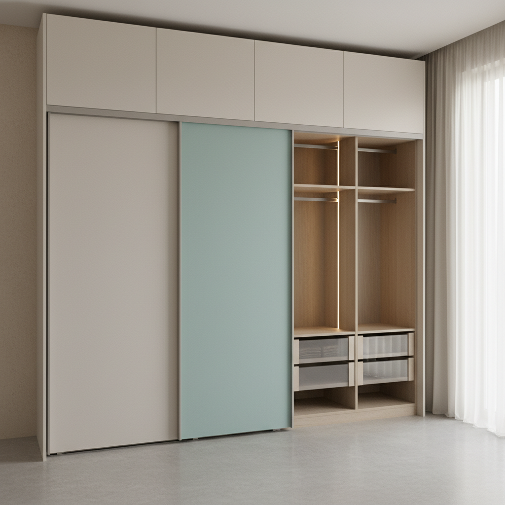 Modern White & Aqua Sliding 2-Door Wardrobe Design