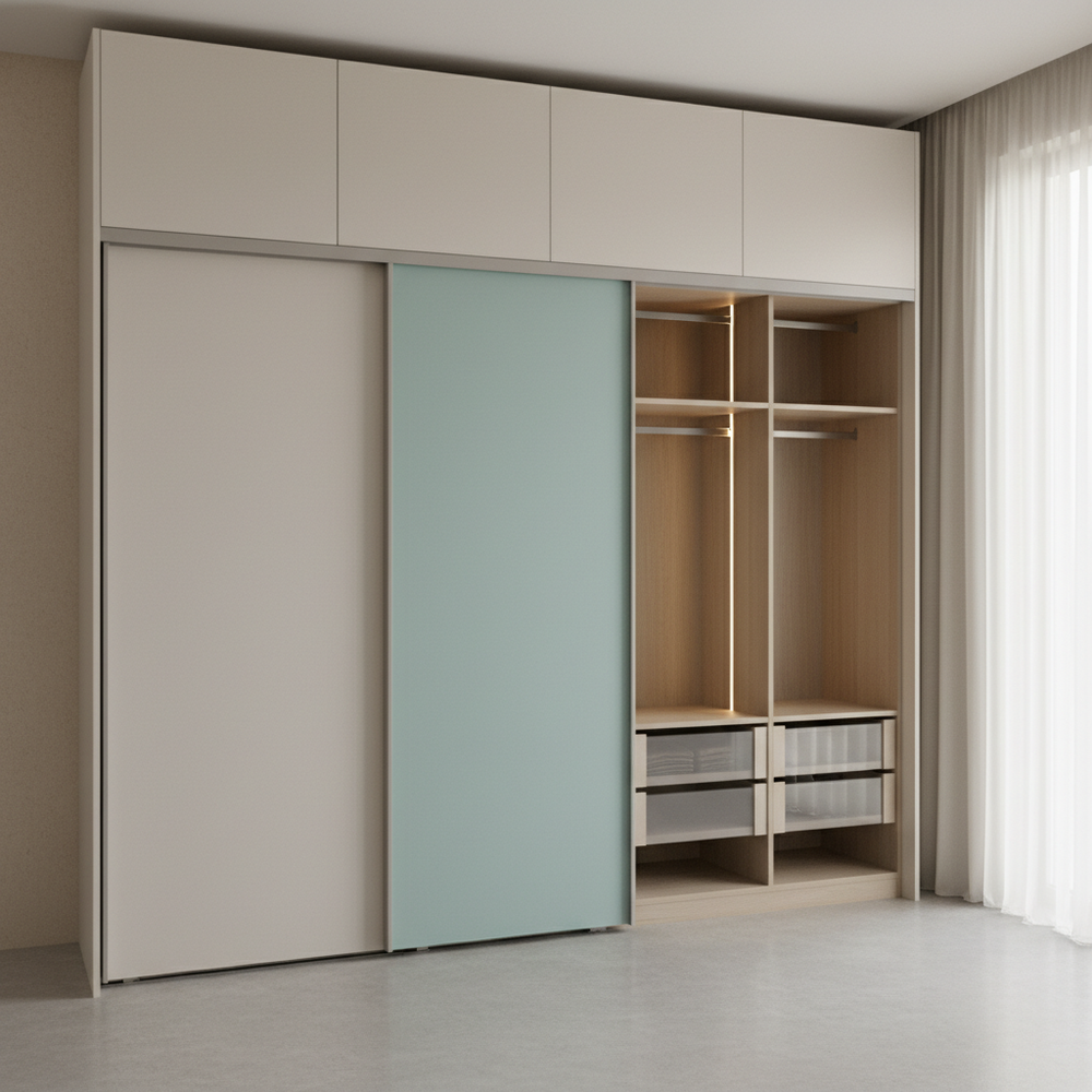 Modern White & Aqua Sliding 2-Door Wardrobe Design