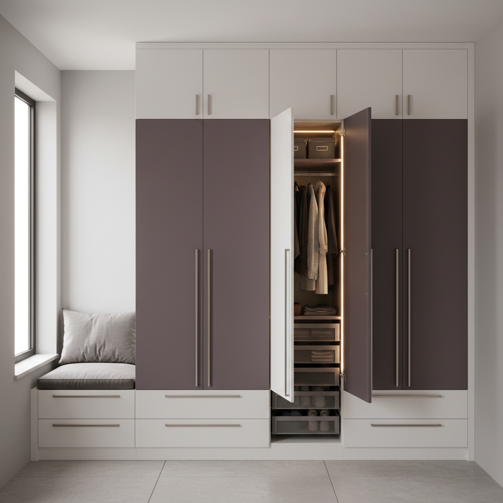 Modern White & Aubergine 4-Door Swing Wardrobe Design