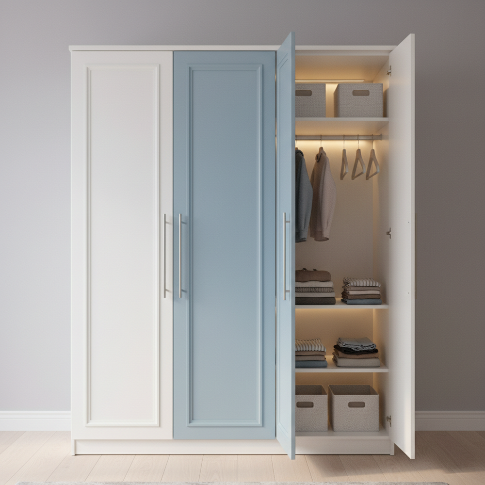 Modern White & Blue 3-Door Swing Wardrobe for Kids