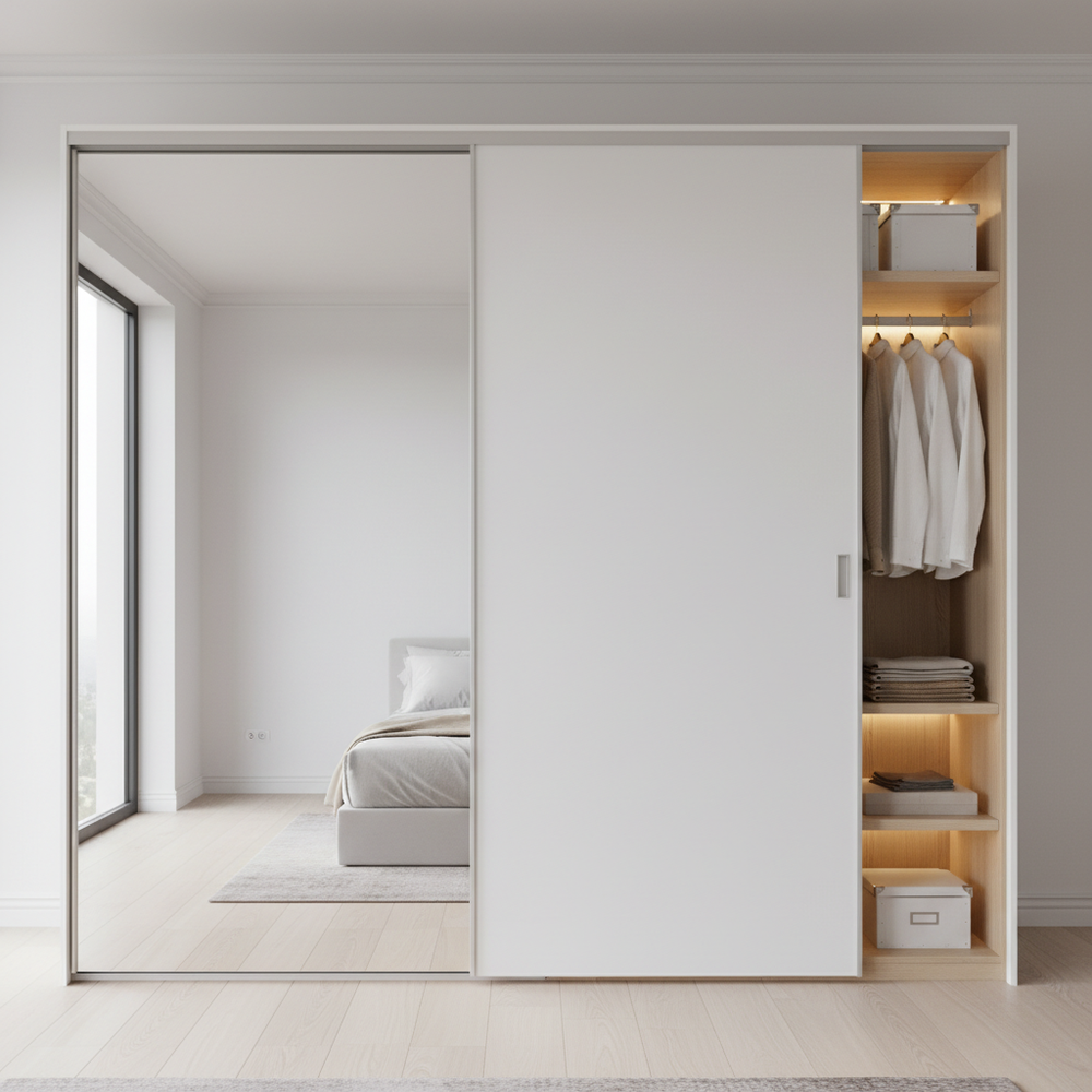 Modern White Glossy Sliding Wardrobe with Mirror