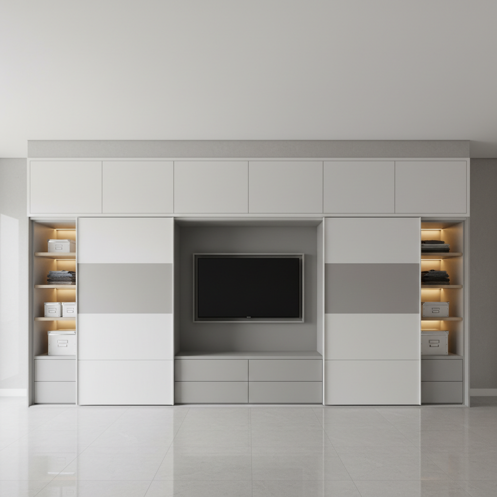 Modern White & Grey Sliding Wardrobe with TV Unit