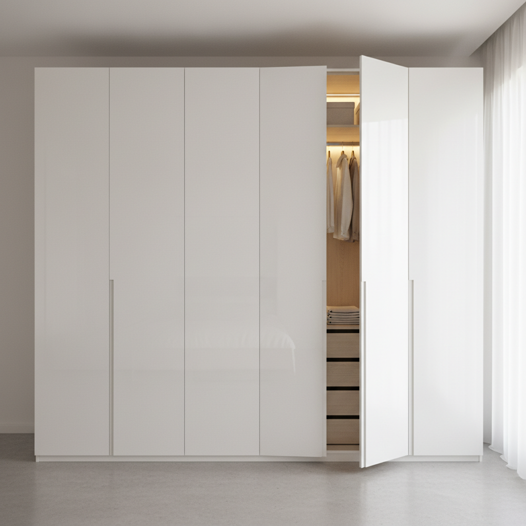 Modern White High-Gloss Swing 5-Door Wardrobe with Loft