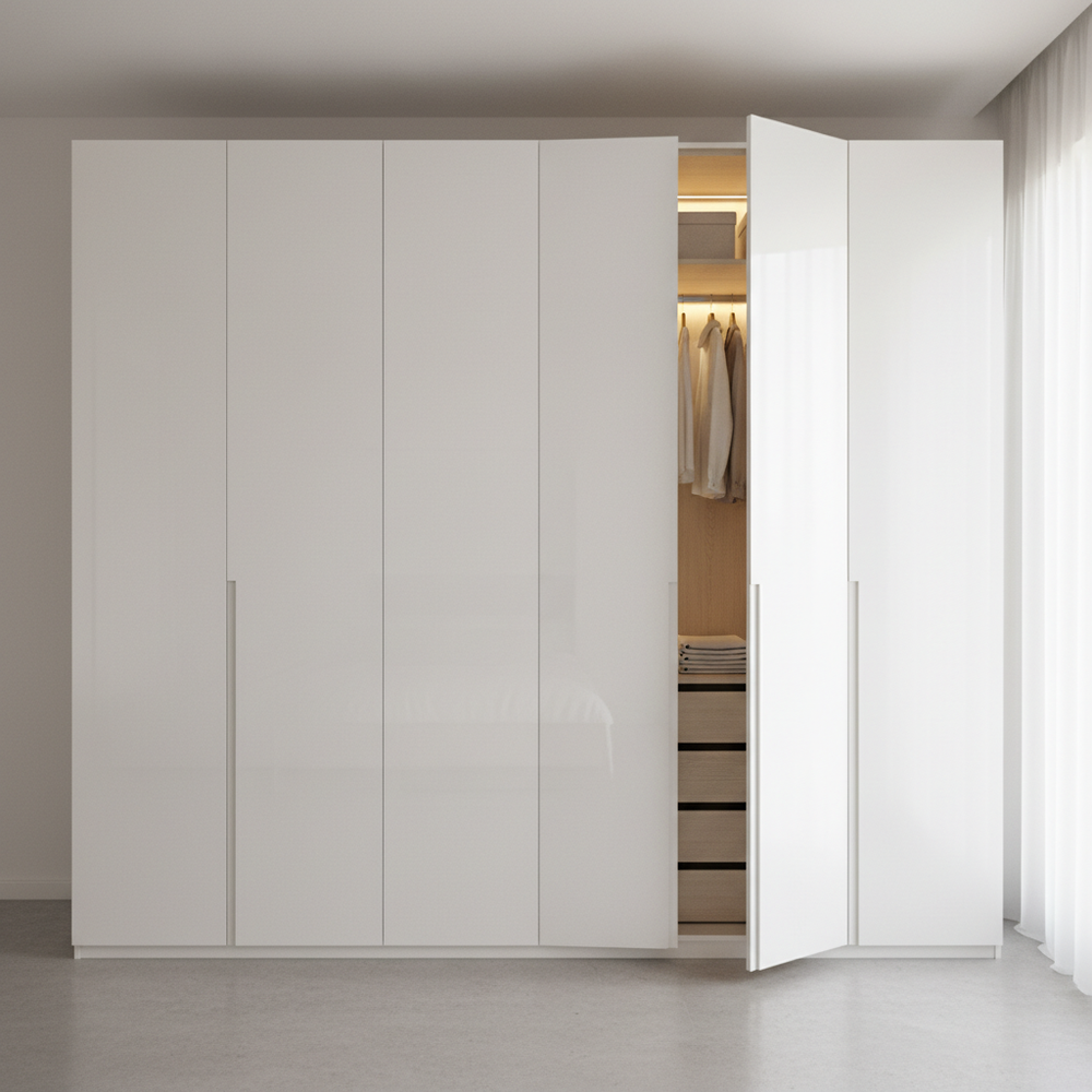 Modern White High-Gloss Swing 5-Door Wardrobe with Loft