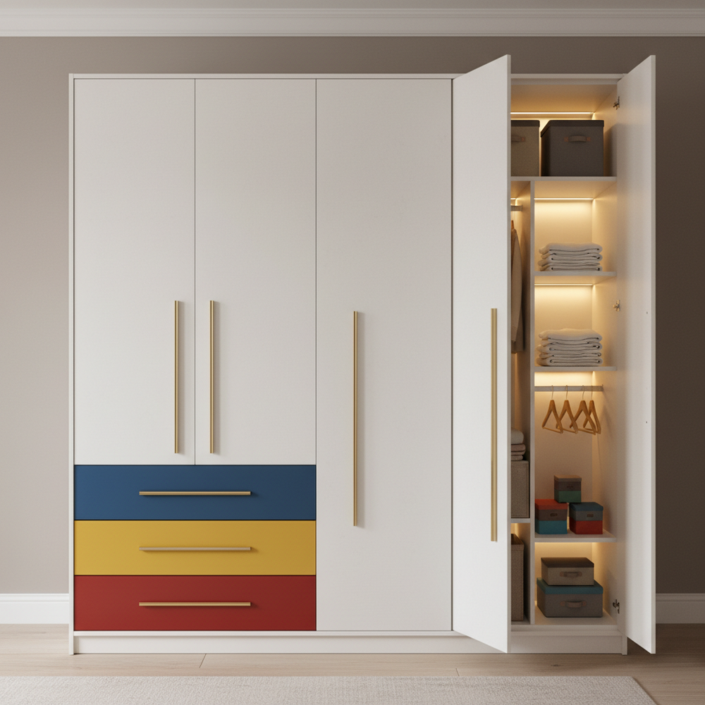 Modern White & Multicolored 4-Door Swing Wardrobe Design