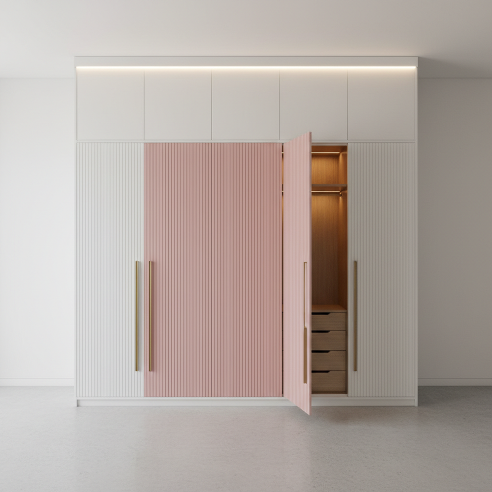 Modern White & Pink 5-Door Swing Wardrobe with Fluted Design