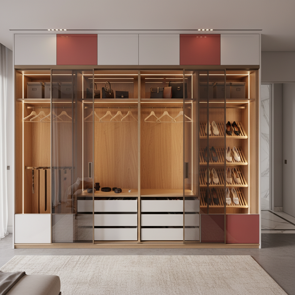 Modern White & Red Sliding Door Wardrobe Design