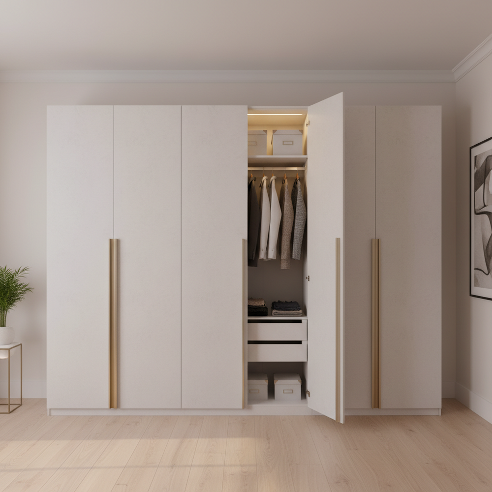 Modern White Suede 5-Door Swing Wardrobe
