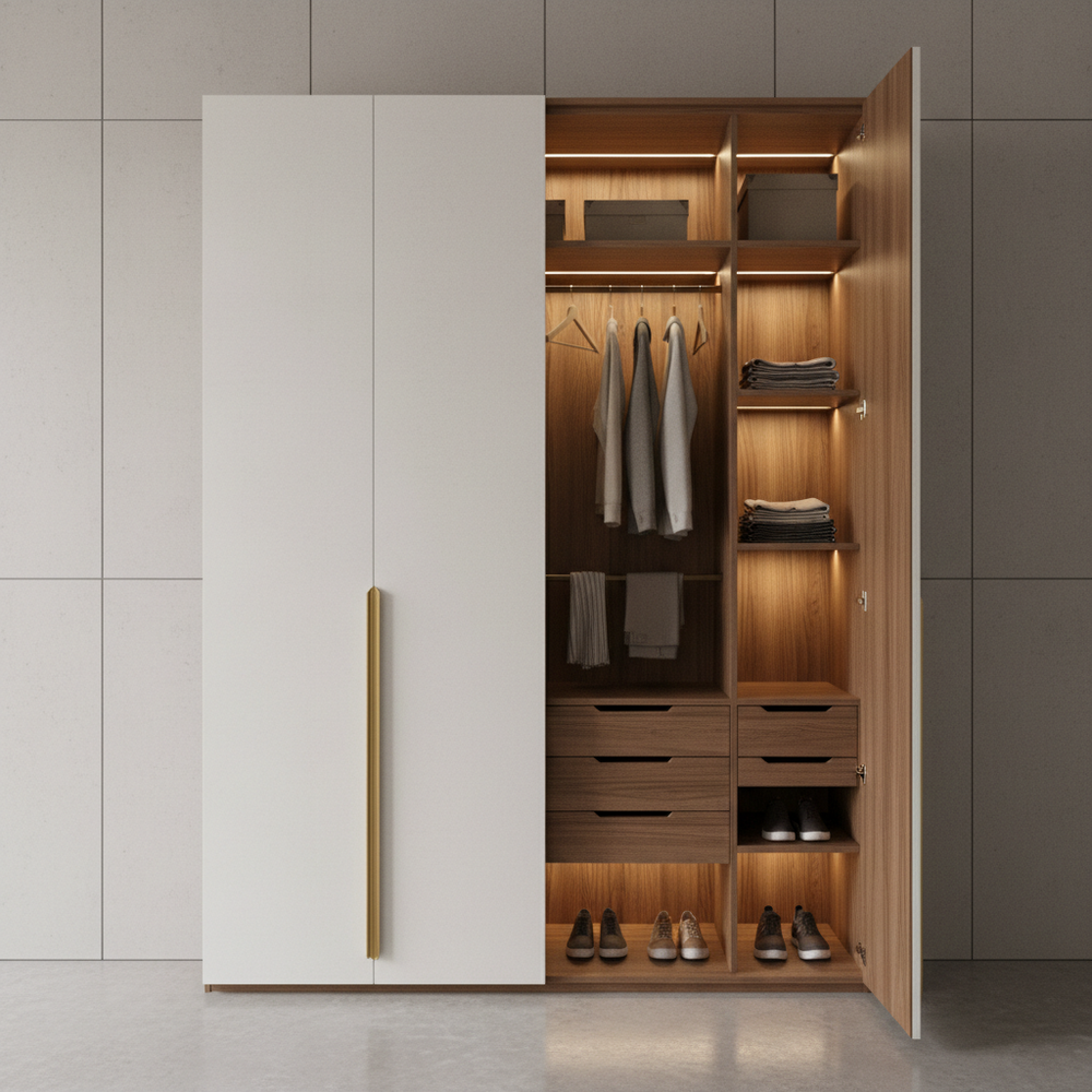 Modern White & Walnut 2-Door Swing Wardrobe with Gold Accents