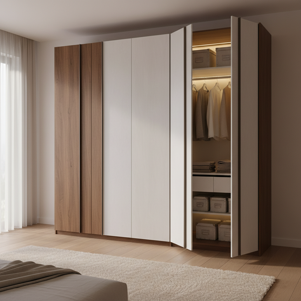 Modern White & Walnut 4-Door Swing Wardrobe