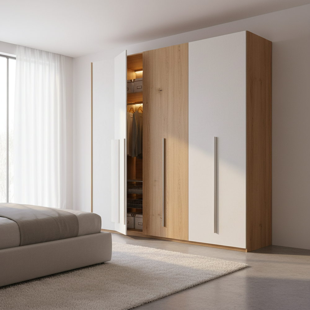Modern White & Wood 3-Door Swing Wardrobe Design