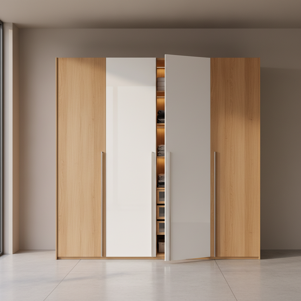 Modern White & Wood 4-Door Hinged Wardrobe Design