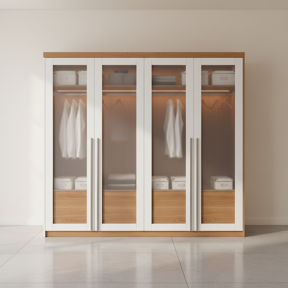 Modern White & Wood 4-Door Swing Wardrobe with Frosted Glass