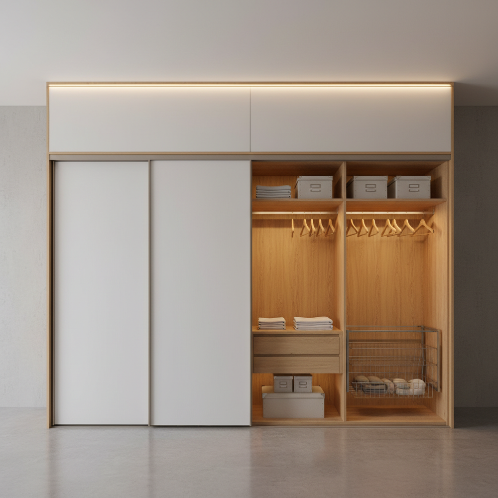 Modern White & Wood Sliding 2-Door Wardrobe with Shelf