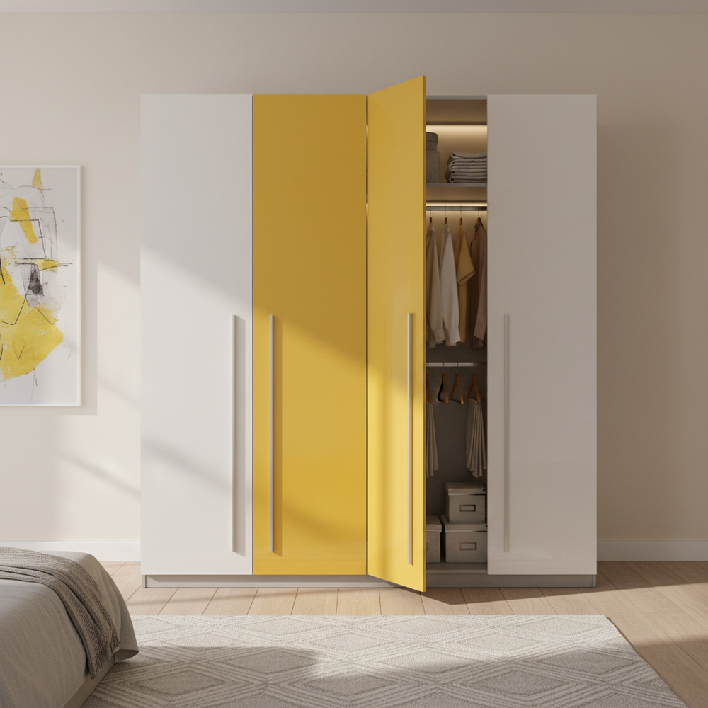 Modern White & Yellow 4-Door Swing Wardrobe | Contemporary Design