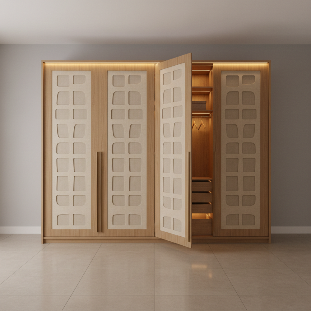 Modern Wood & Beige Swing Door Wardrobe Design