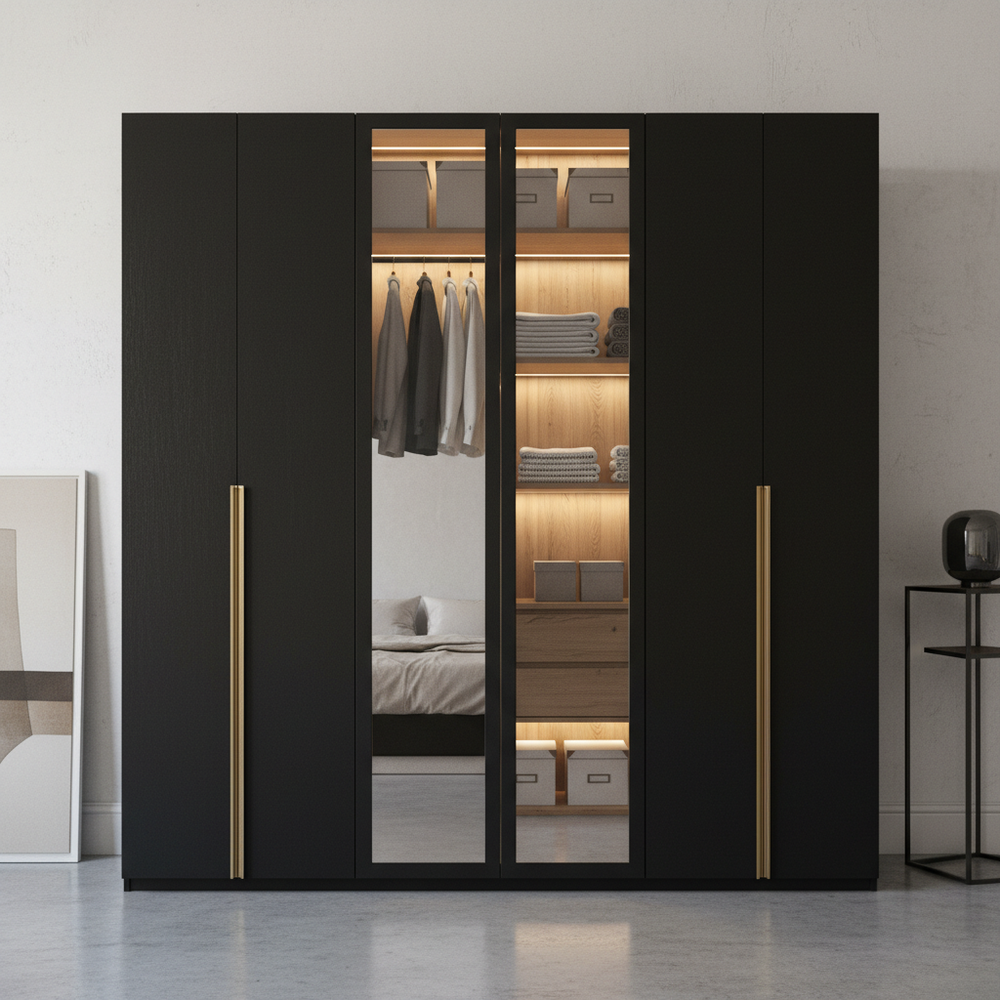 Rustic Black 4-Door Swing Wardrobe with Mirror Design
