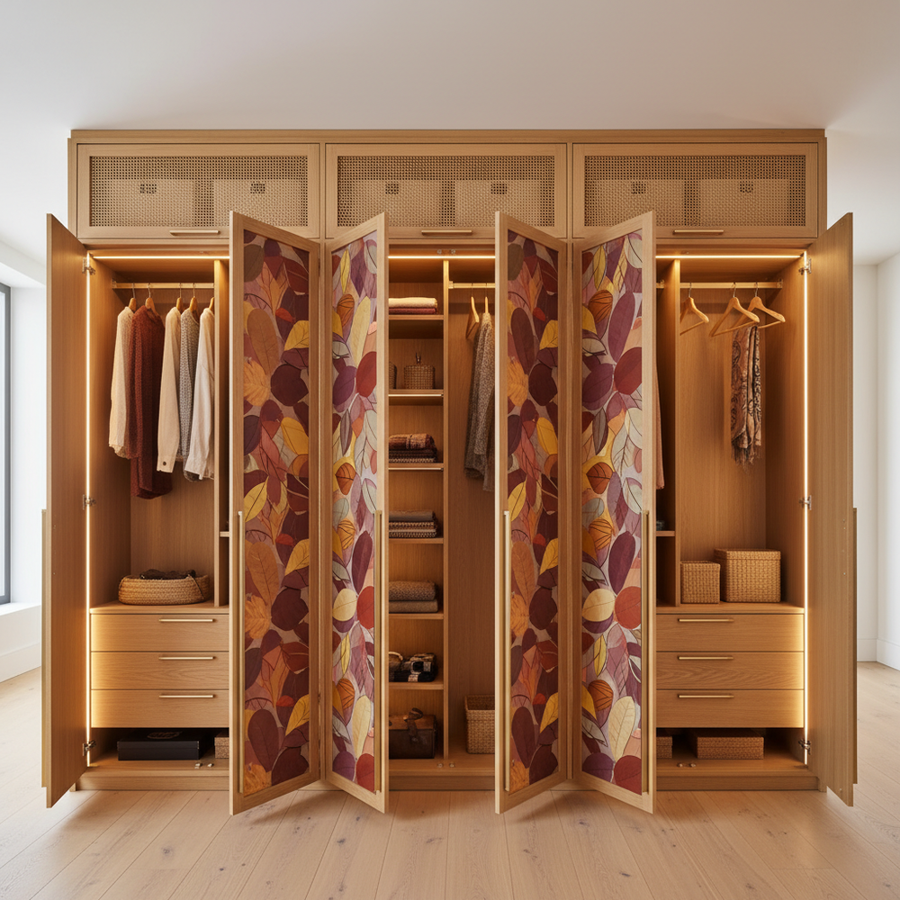 Scandinavian Autumn Leaf & Rattan 6-Door Swing Wardrobe