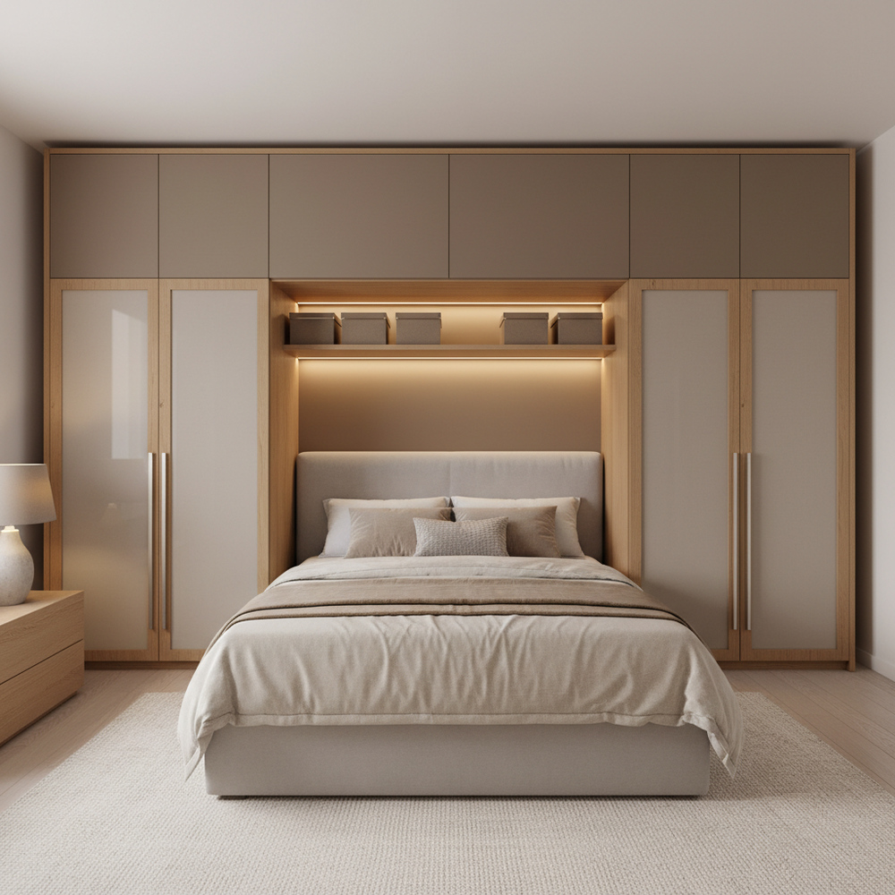 Scandinavian Brown & Beige 6-Door Swing Wardrobe with Integrated Bed