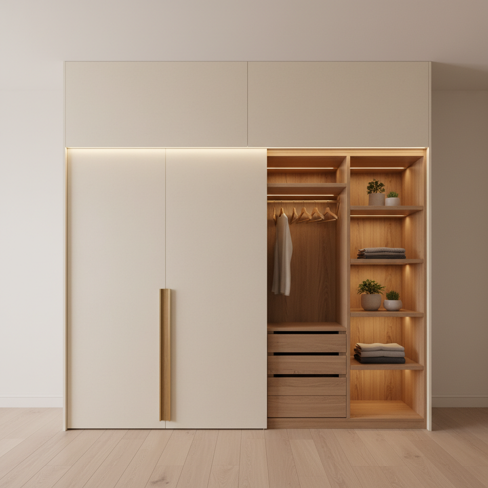 Scandinavian Irish Cream & Wood 2-Door Swing Wardrobe with Open Storage