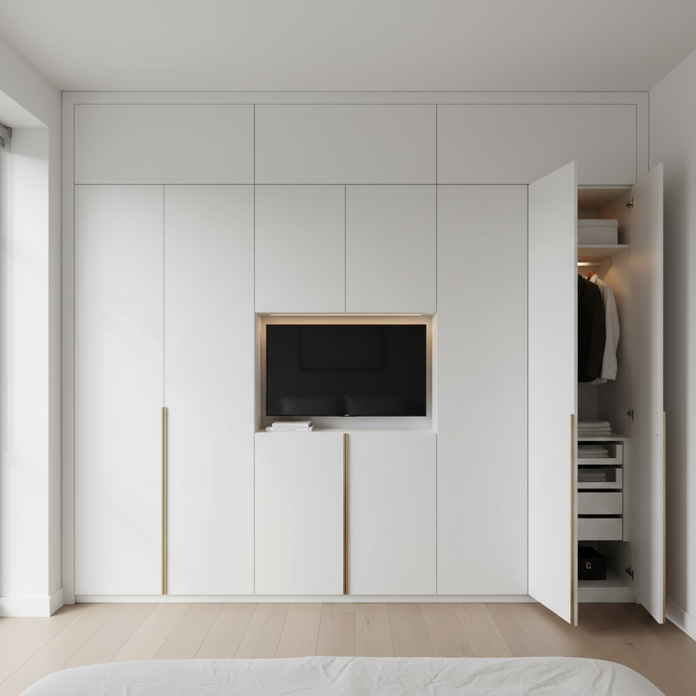 Scandinavian White 4-Door Swing Wardrobe with TV Unit