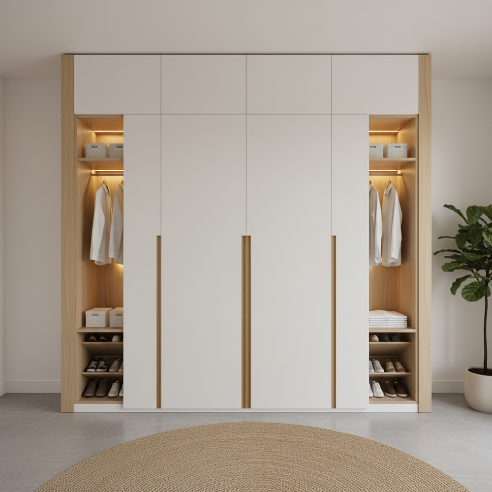 Scandinavian White 4-Door Swing Wardrobe with Wood Accents