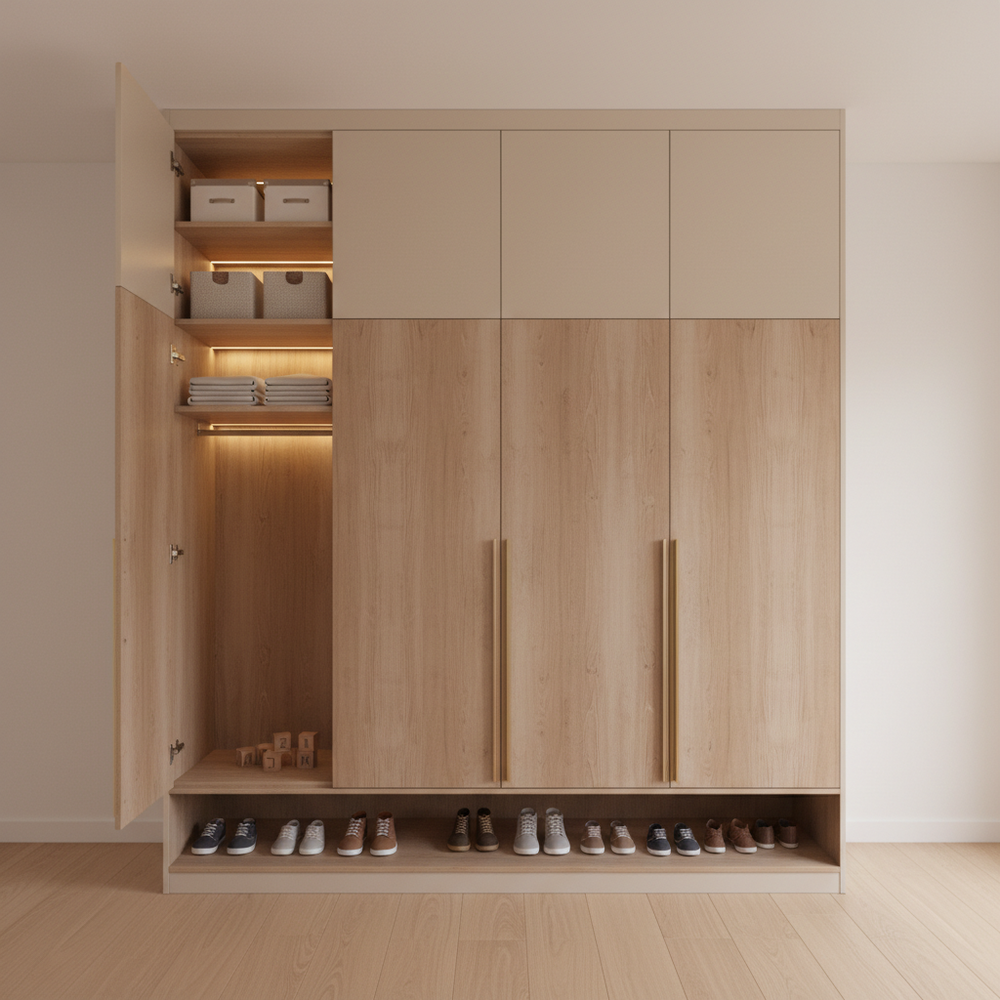 Scandinavian White & Wood 4-Door Swing Wardrobe with Under-Cupboard
