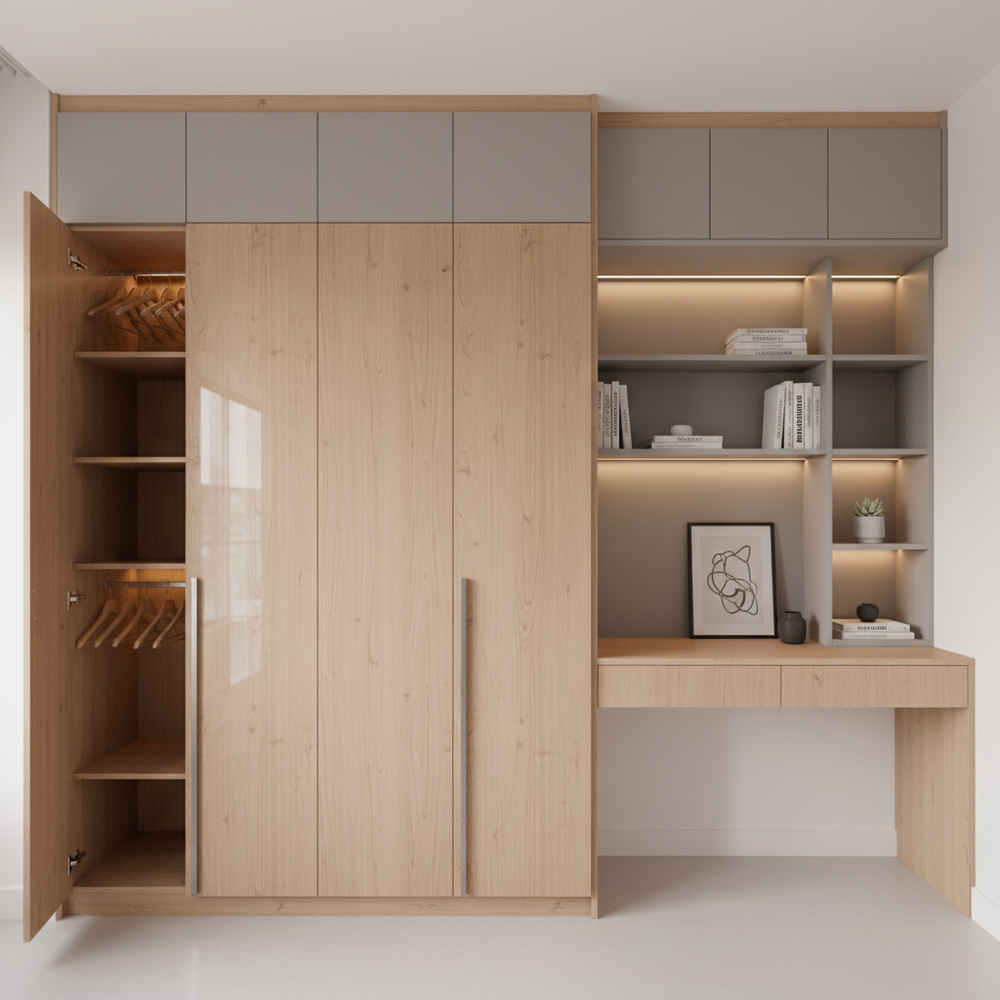 Scandinavian Wood & Grey 2-Door Swing Wardrobe with Study Table
