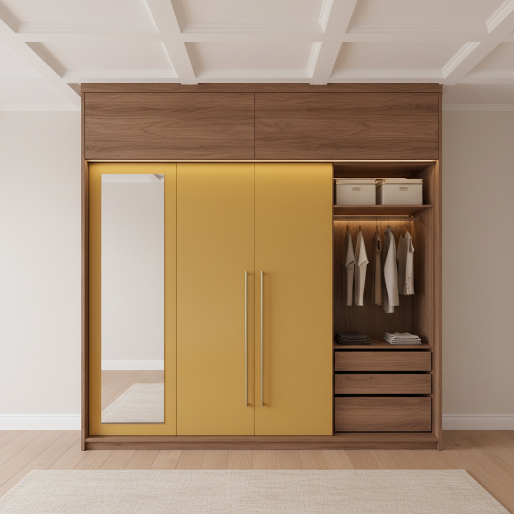 Shabby Chic Yellow & Wood Swing 2-Door Wardrobe with Mirror