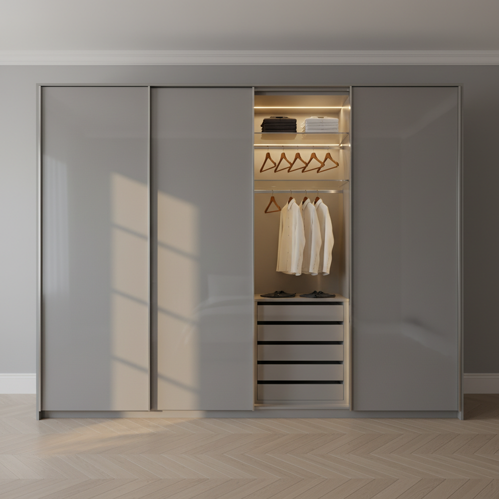 Sleek Grey Glossy 3-Door Sliding Wardrobe