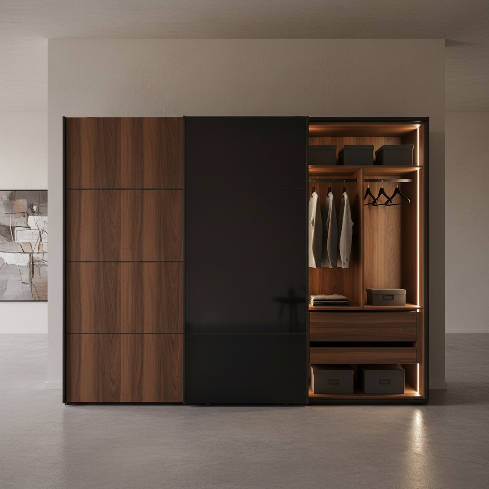 Stylish Black & Walnut Sliding 3-Door Modern Wardrobe