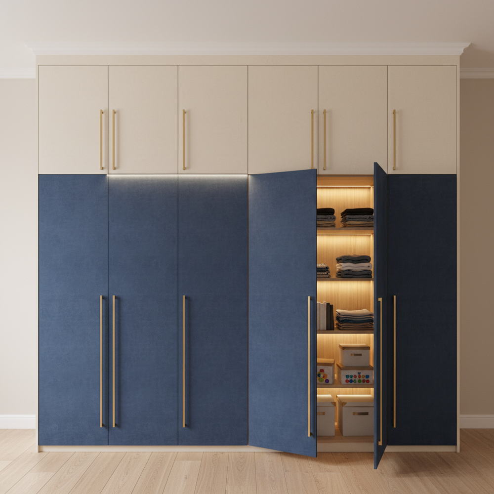 Stylish Denim & Irish Cream 4-Door Swing Wardrobe Design