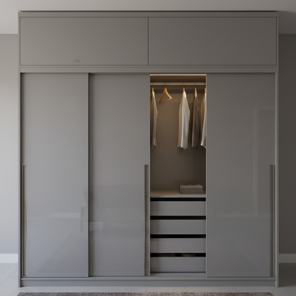 Traditional Floor-To-Ceiling Sliding Door Wardrobe Design In Grey