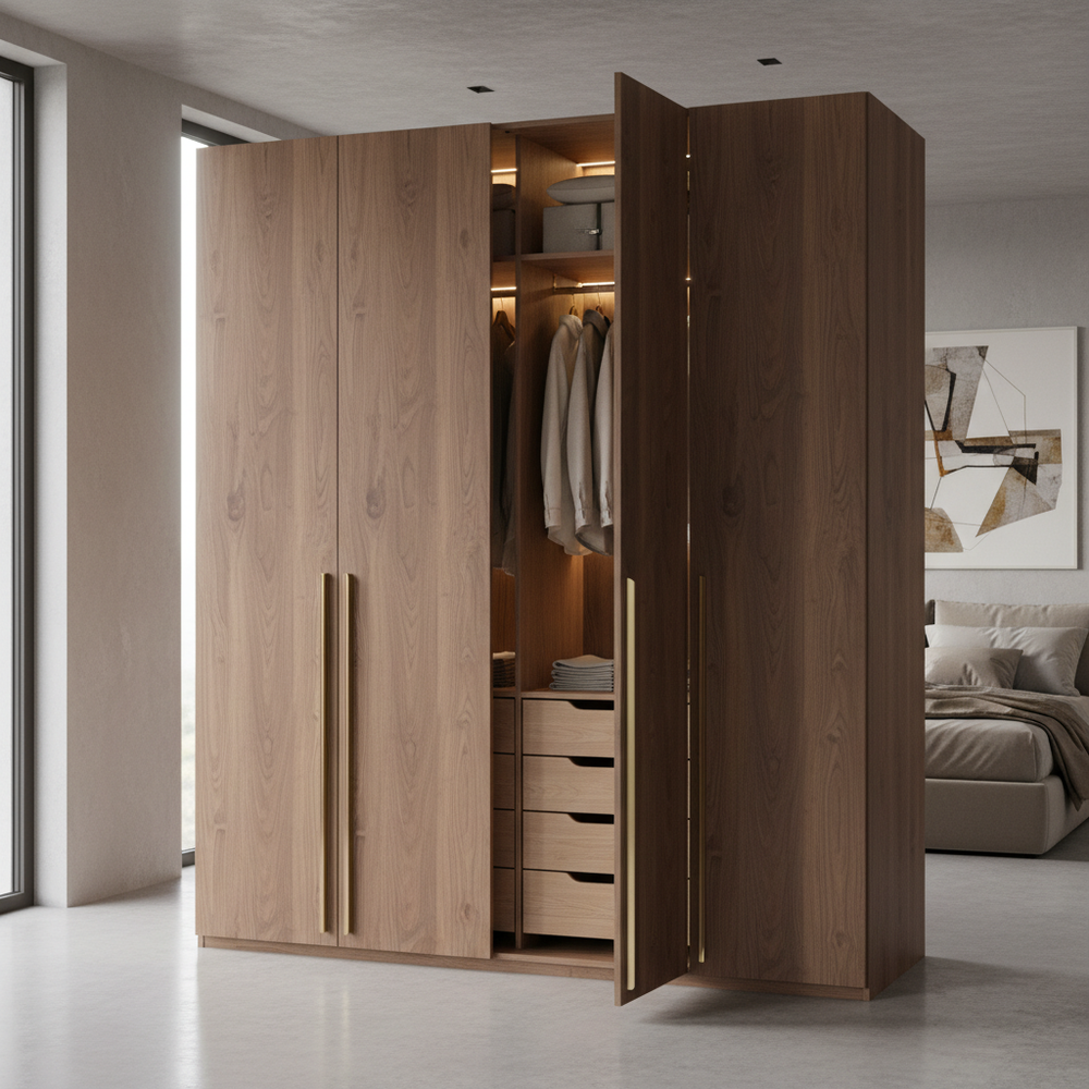 Walnut 4-Door Contemporary Swing Wardrobe Design