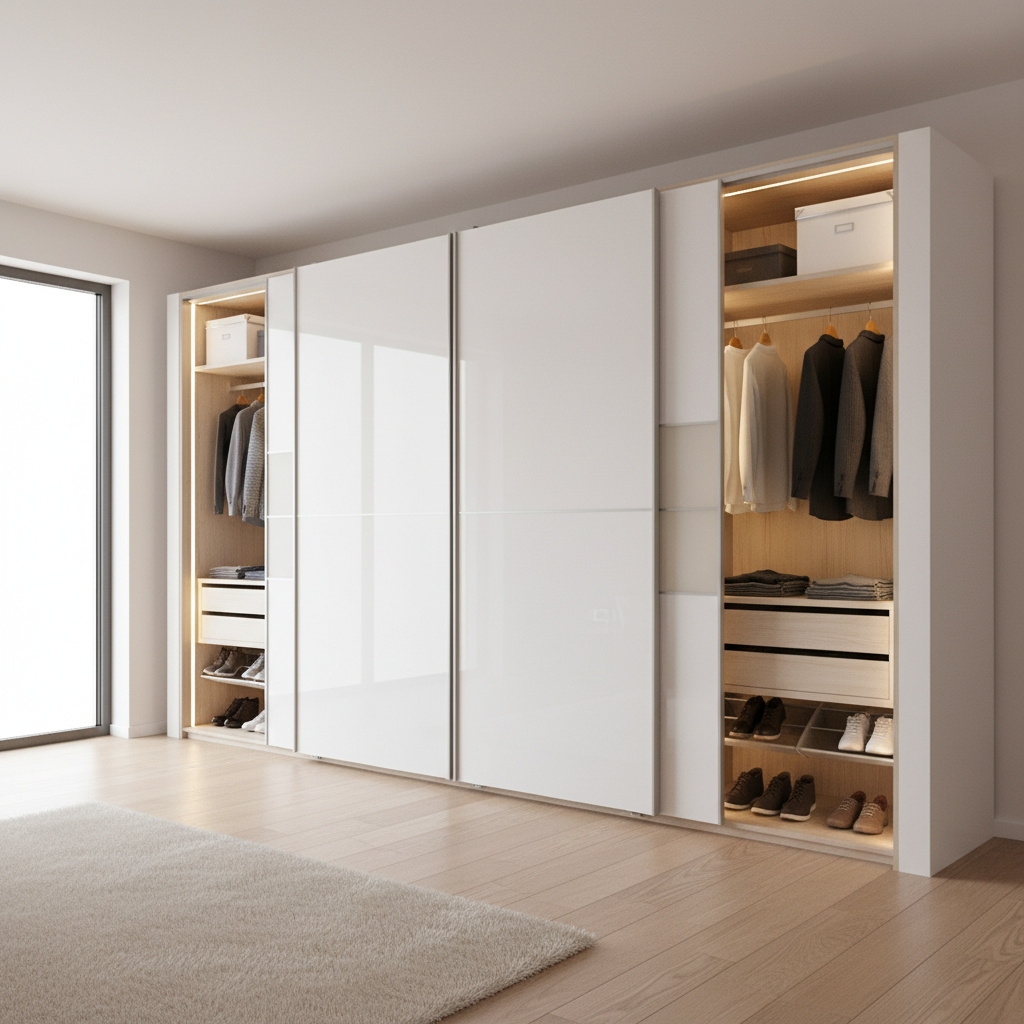 White Modern Sliding Wardrobe Design in High Gloss Acrylic Finish and Custom Options